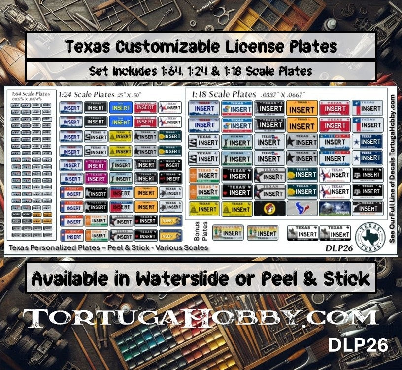 Texas - 1:18, 1:24, 1:64 & 1:10 Scale License Plates for Diecast or Models