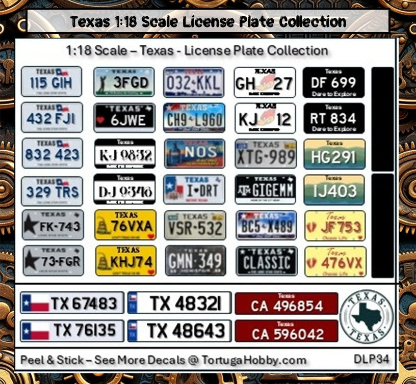 Texas - 1:18, 1:24, 1:64 & 1:10 Scale License Plates for Diecast or Models