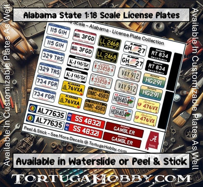 Alabama - 1:18, 1:24, 1:64 & 1:10 Scale License Plates for Diecast or Models