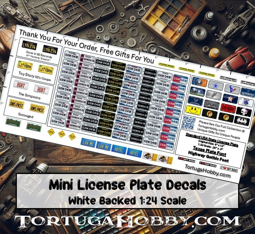 Decals - Customized License Plates - 1:18 / 1:24 / 1:64 Scale. Models, Hot Wheels, Any Project