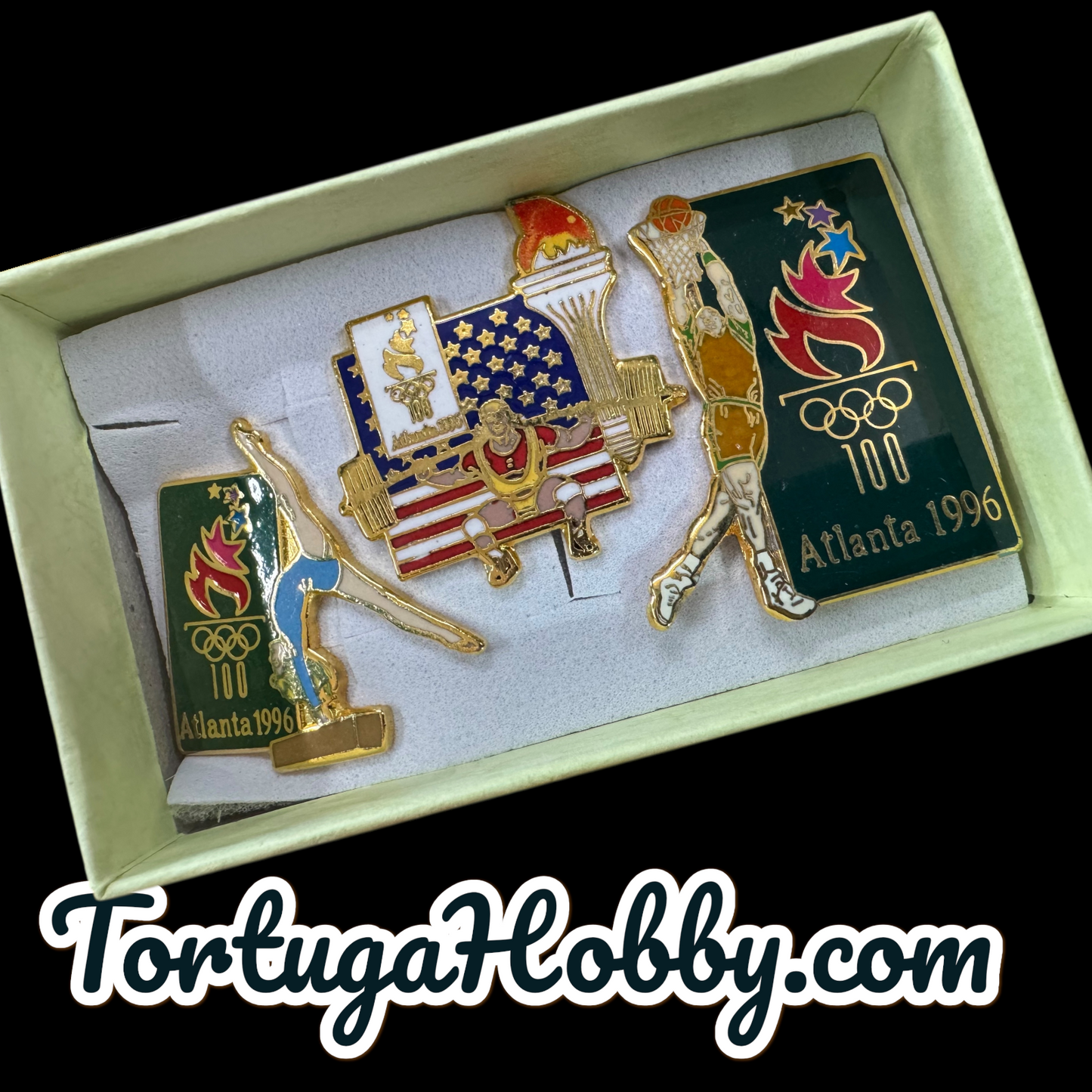 1996 Atlanta Olympics Pin Set. Gymnastics, Weight Lifting And Basketball.