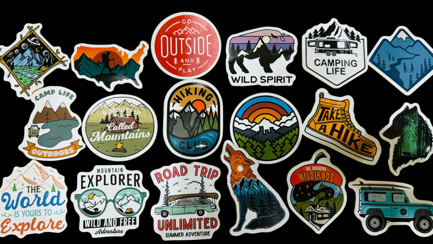 25 The Great Outdoors - Outdoor/Hiking/Camping Stickers for laptops, Water Bottles, Skateboards, Lockers and More