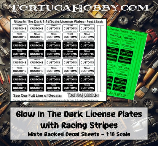 Custom Glow in the Dark License Plates w/ Racing Stripes 1:24/1:18 Scale Decals