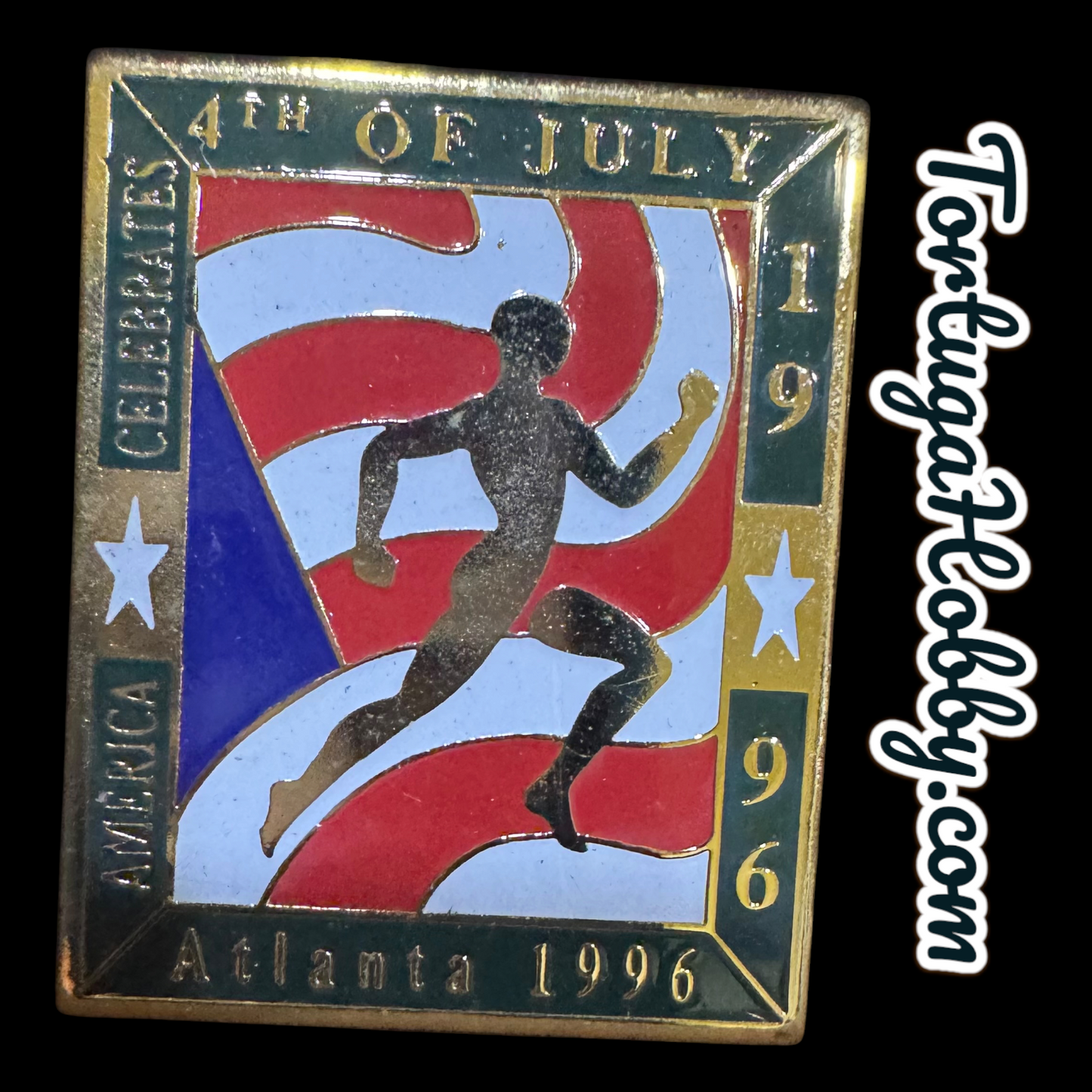 1996 Atlanta Centennial Official Olympic Pin - Stars & Stripes - Runner & Torch