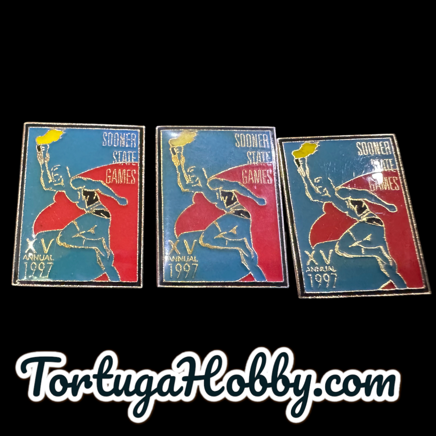 3 Oklahoma Sooner State Games XV Annual 1997 Epoxy Enamel Tie Lapel Pins