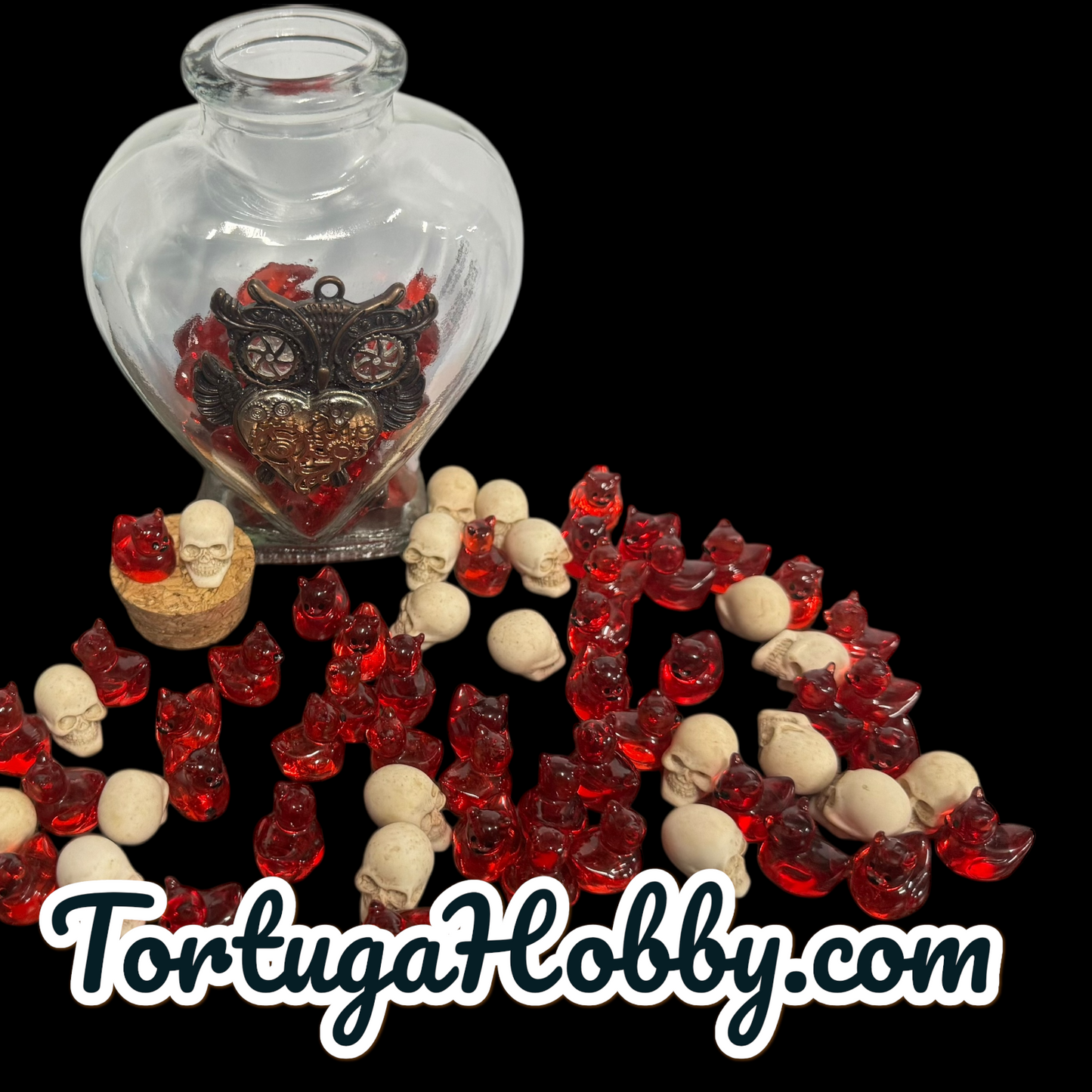 100pc Red Ducks & Skull Counters in Steampunk Themed Glass Bottle