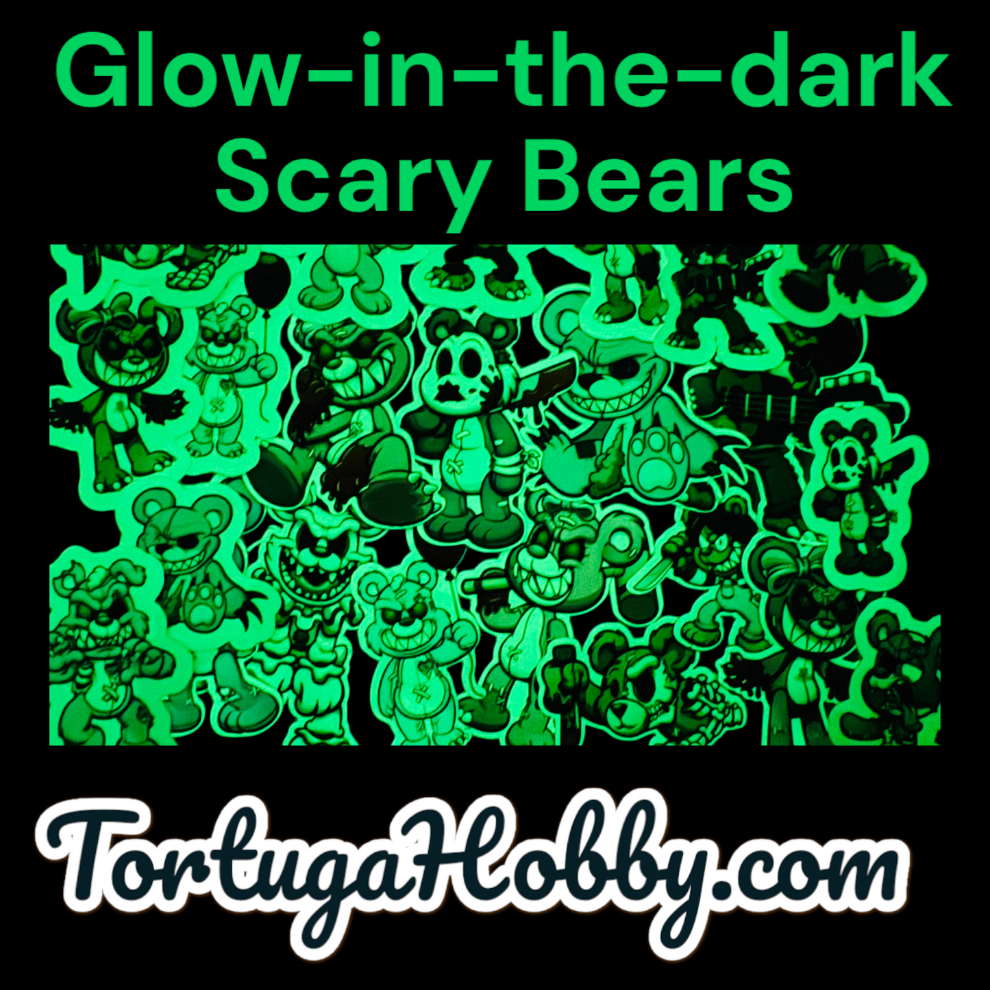 25 Glow-in-the-Dark Scary Bears Stickers for laptops, Water Bottles, Skateboards, Lockers and More