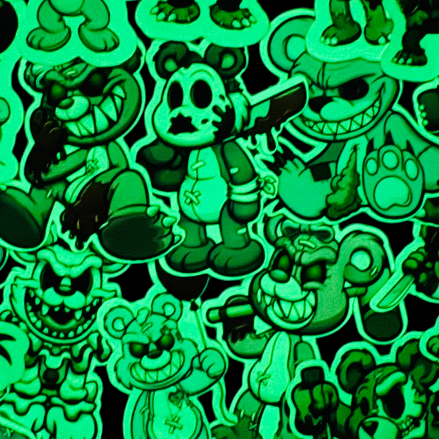 25 Glow-in-the-Dark Scary Bears Stickers for laptops, Water Bottles, Skateboards, Lockers and More