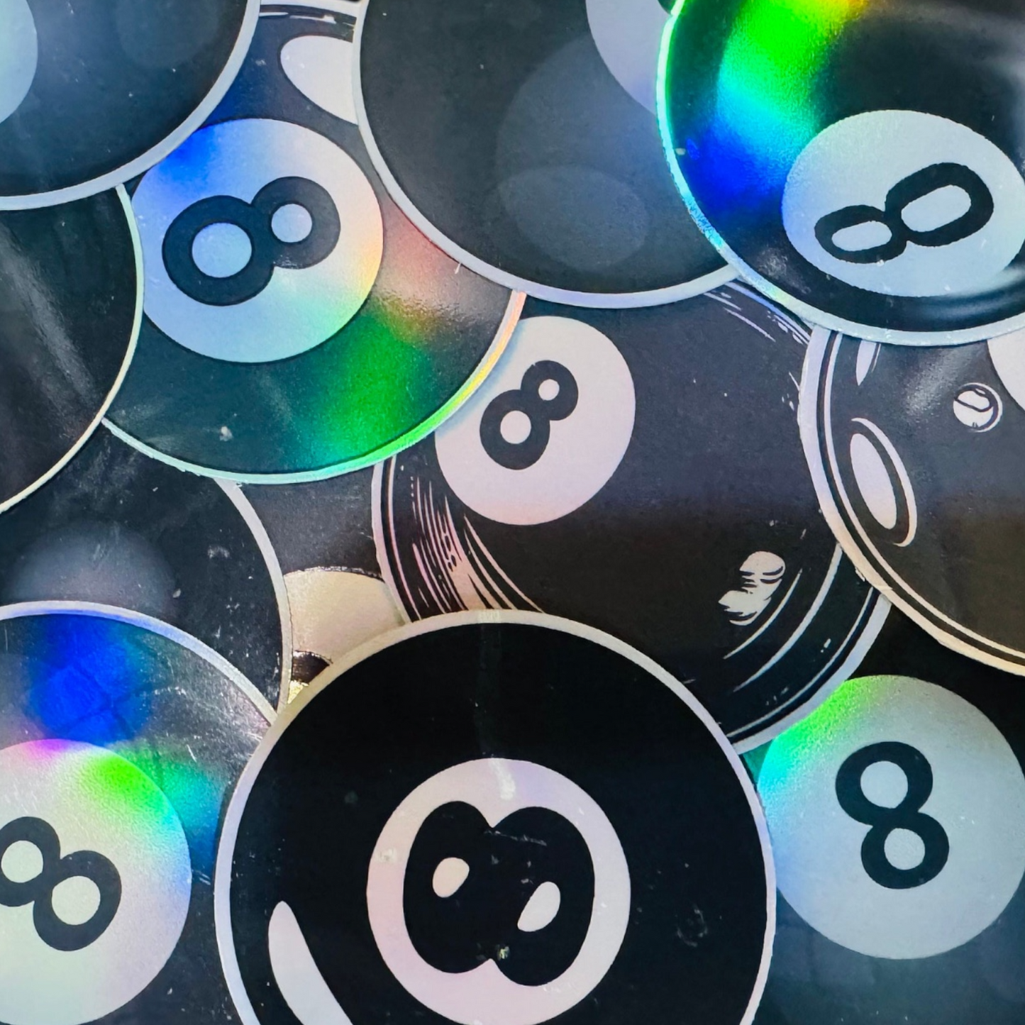 24 Holographic 8-Ball Stickers for laptops, Water Bottles, Skateboards, Lockers and More