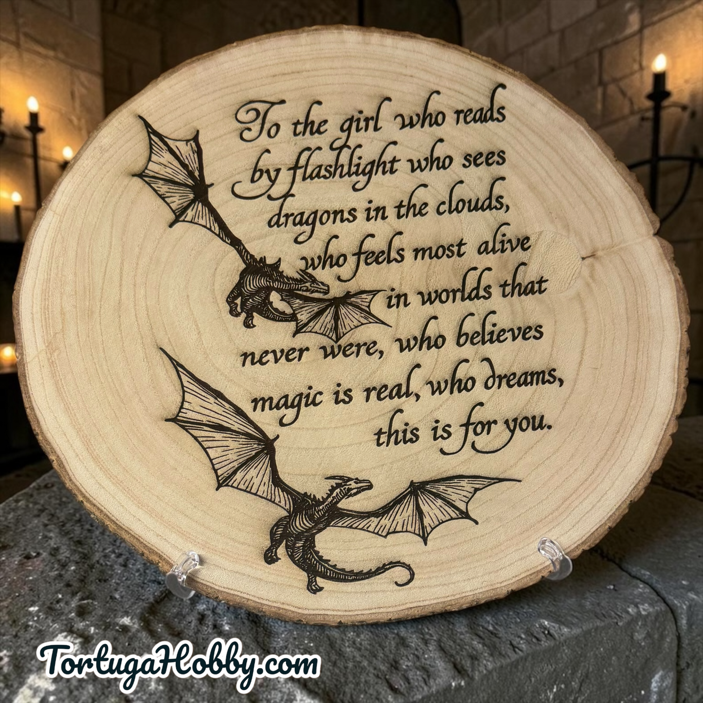 Engraved, Dragon-Theme Wood Slice with Inspirational Saying