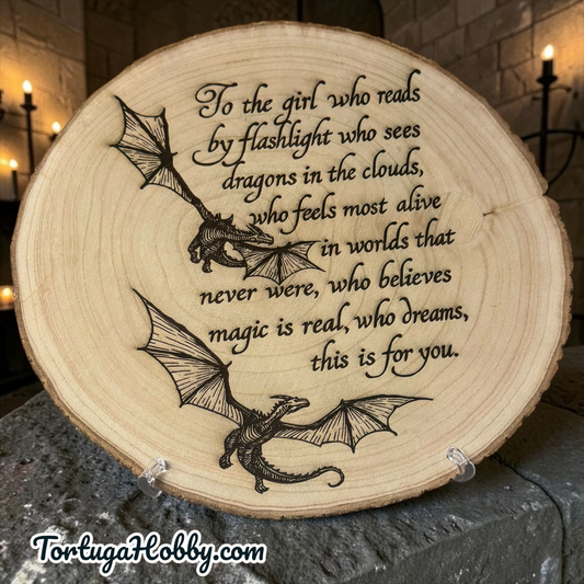 Engraved, Dragon-Theme Wood Slice with Inspirational Saying