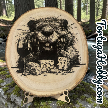 Engraved Wood Slice with Wine and Cheese Eating Beaver Graphic