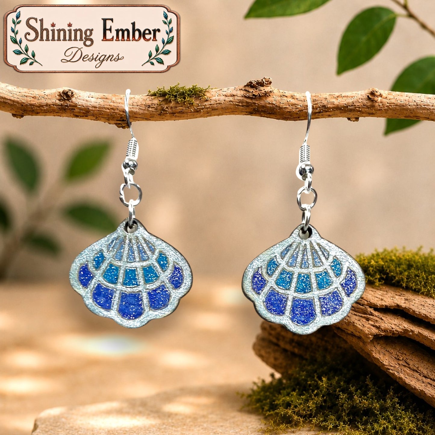 Scallop Hand-Painted Shell Wood Earrings