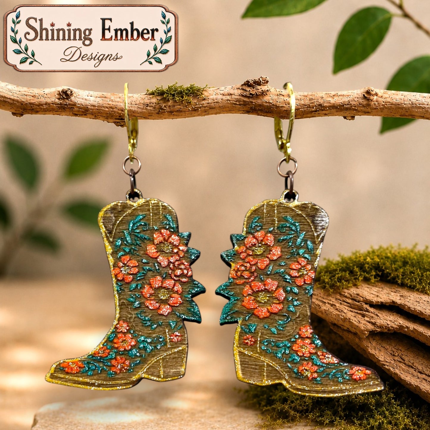 Cowboy Boot Hand-Painted Wood Earrings