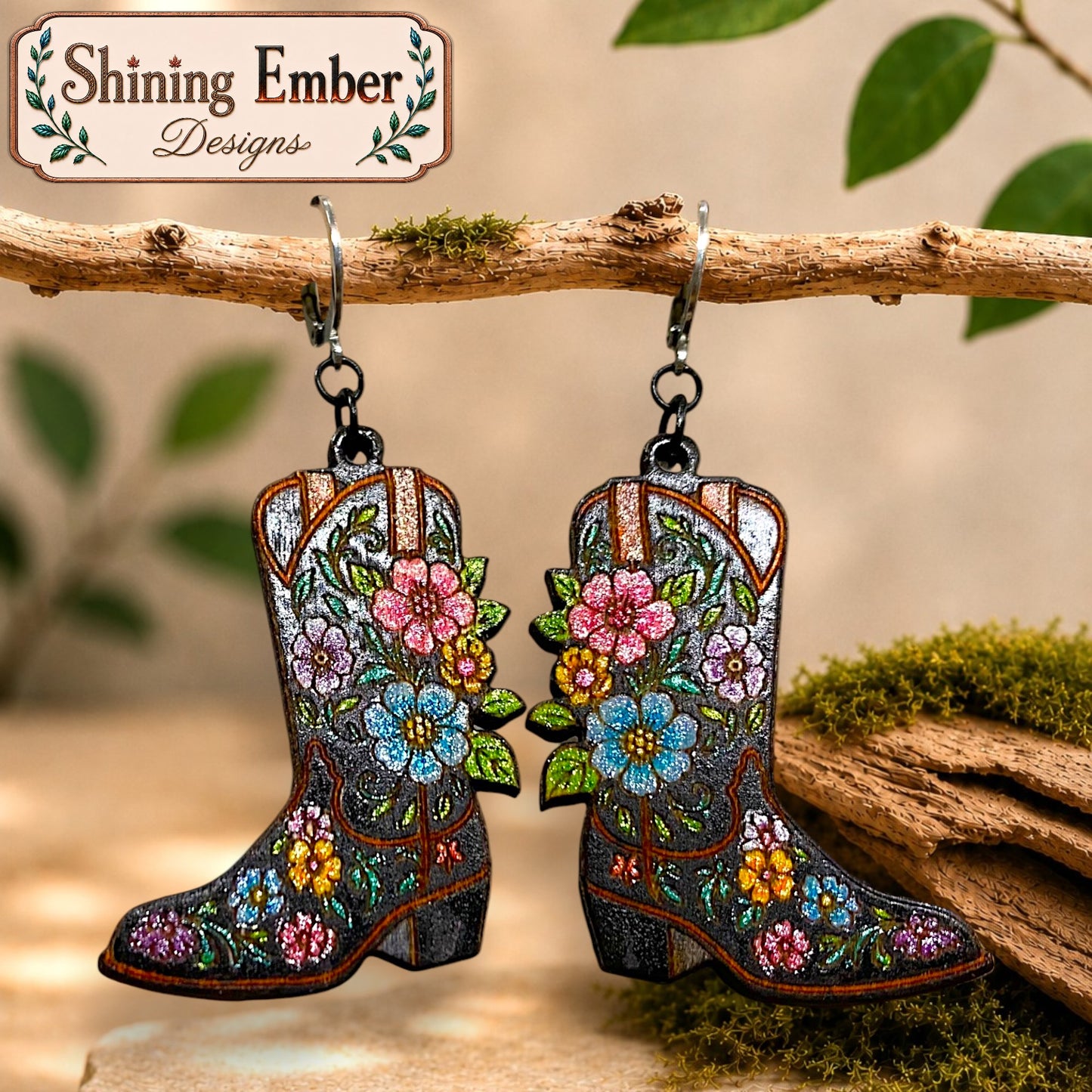 Cowboy Boot Hand-Painted Wood Earrings