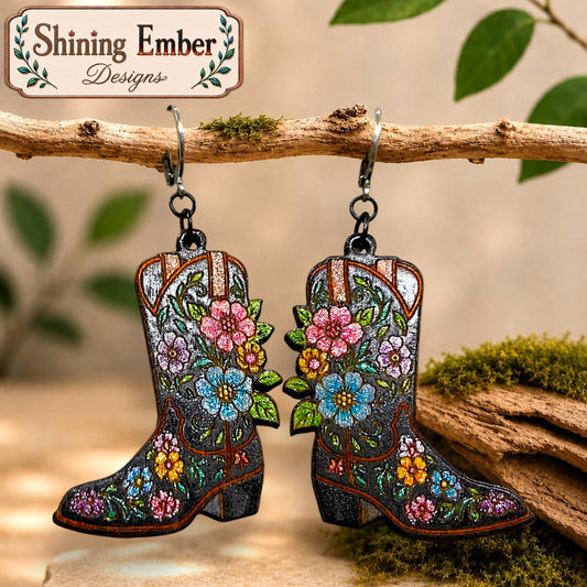 Cowboy Boot Hand-Painted Wood Earrings