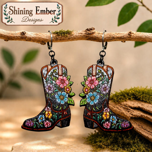 Cowboy Boot Hand-Painted Wood Earrings