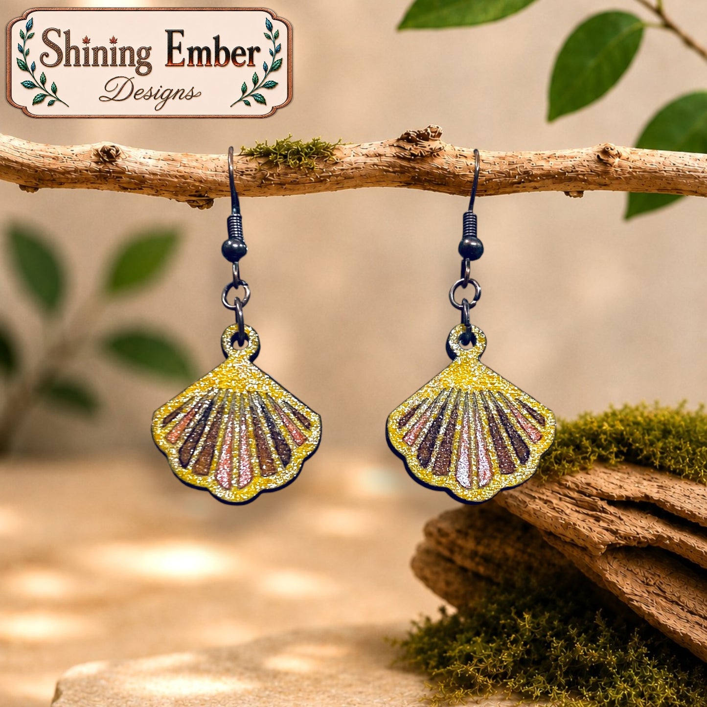 Scallop Hand-Painted Shell Wood Earrings
