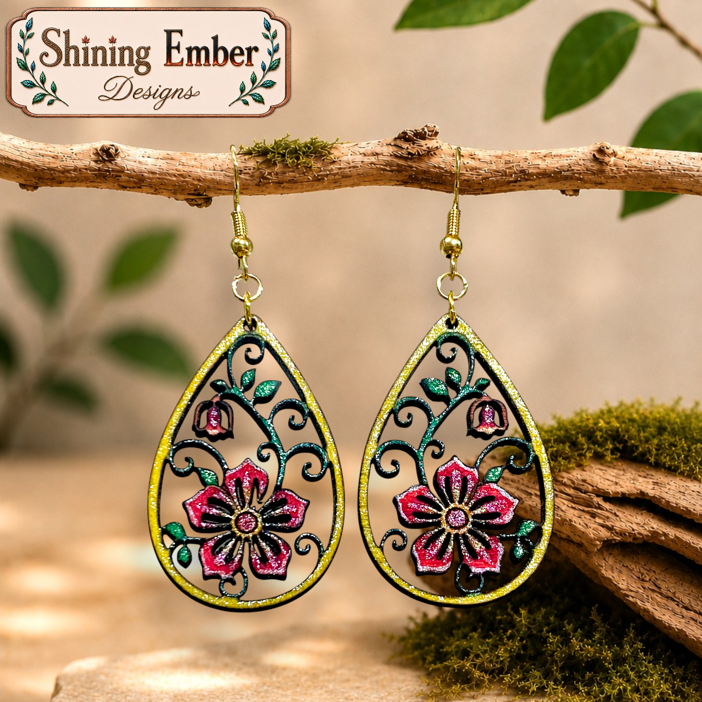 Blooming Teardrop Hand-Painted Wood Earrings