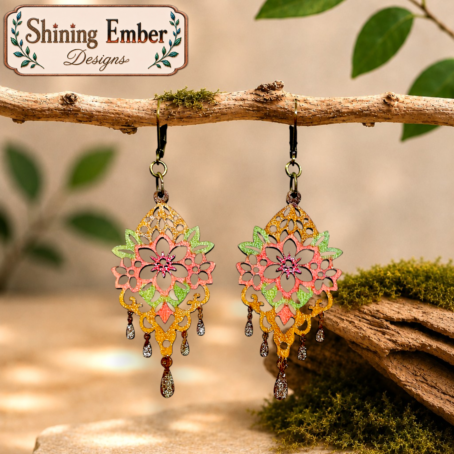 Floral Hand-Painted Wood Earrings