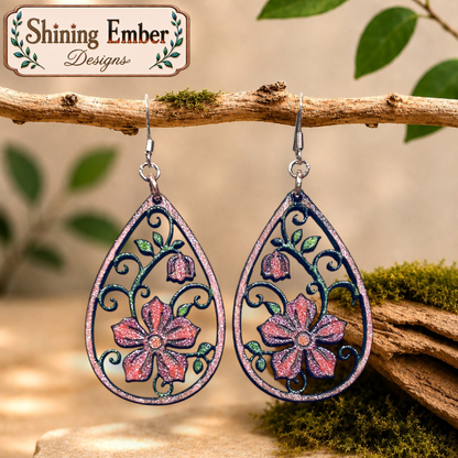 Blooming Teardrop Hand-Painted Wood Earrings