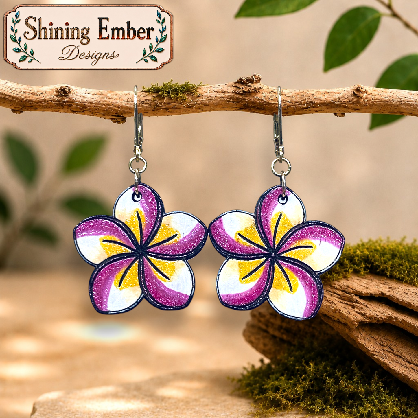 Plumeria Hand-Painted Wood Earrings