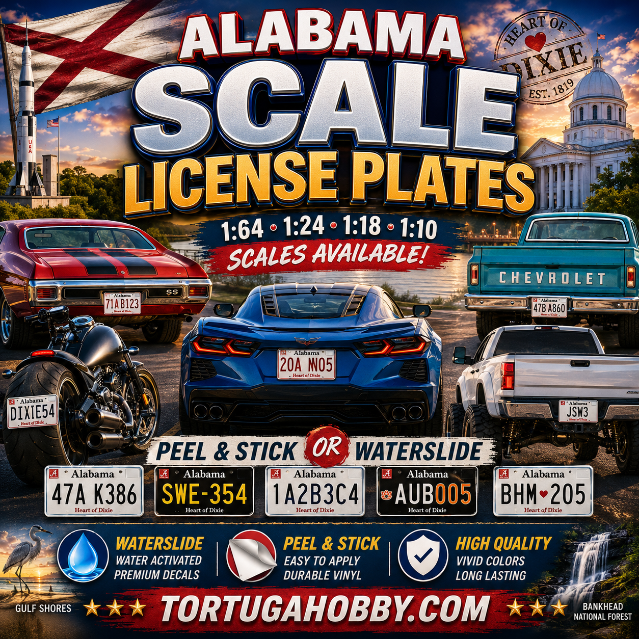 Alabama - 1:18, 1:24, 1:64 & 1:10 Scale License Plates for Diecast or Models