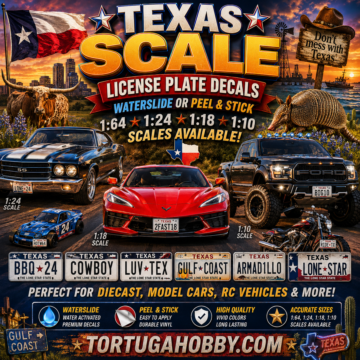 Texas - 1:18, 1:24, 1:64 & 1:10 Scale License Plates for Diecast or Models