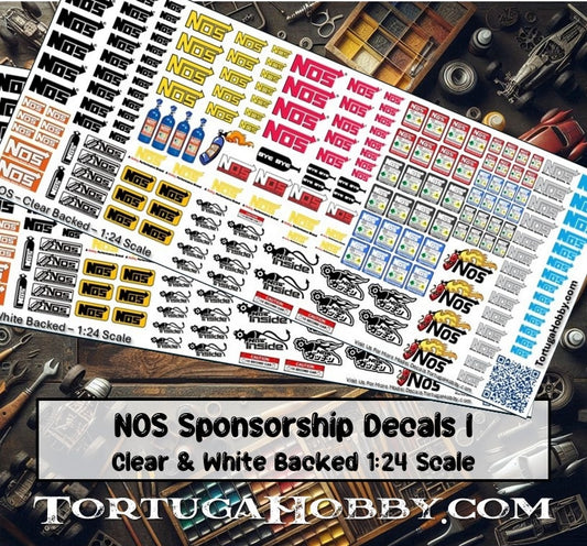 NOS Sponsor Decals - Clear & White - Water Slide Decals - 1:24 Scale