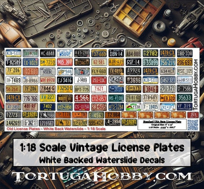 Old Fashion Vintage License Plates - 1:64, 1:24 or 1:18 Scale Waterslide or Peel & Stick