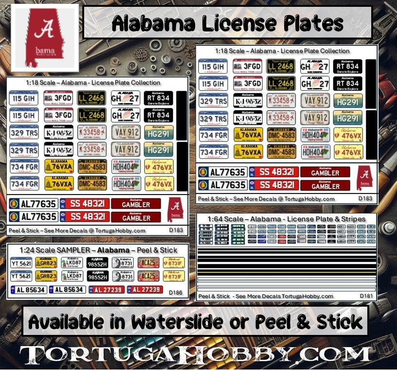 Alabama License Plates for Scale Model Waterslide Decals - Model, Derby & RC Cars