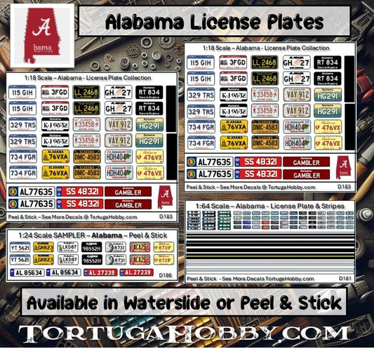 Alabama License Plates for Scale Model Waterslide Decals - Model, Derby & RC Cars