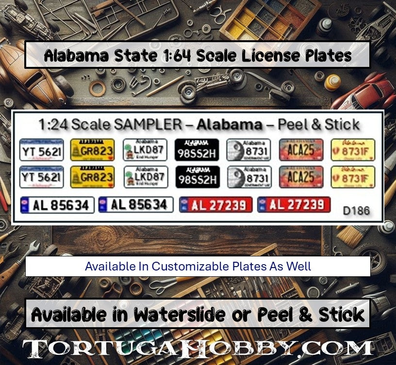 Alabama License Plates for Scale Model Waterslide Decals - Model, Derby & RC Cars