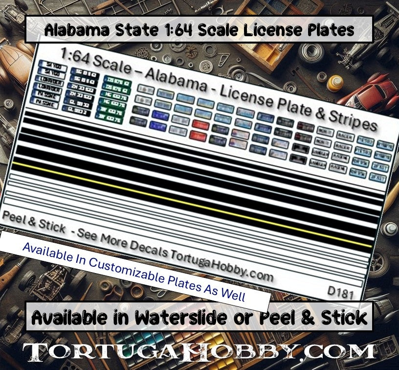 Alabama License Plates for Scale Model Waterslide Decals - Model, Derby & RC Cars