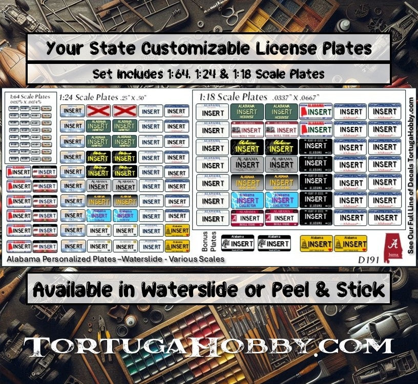 All 3 Scales- 1-64, 1-18, 1-24 - License Plate Decals - Your State - Your License Number - Models, Derby Cars and More