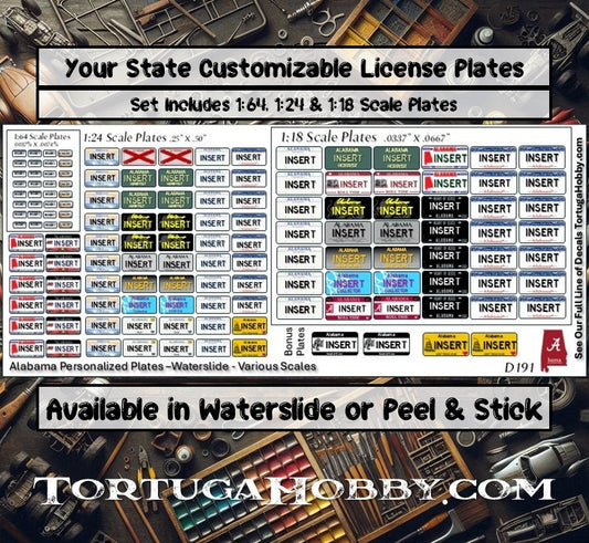 All 3 Scales- 1-64, 1-18, 1-24 - License Plate Decals - Your State - Your License Number - Models, Derby Cars and More