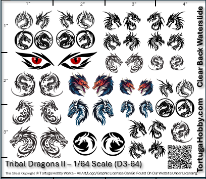 Tribal Dragons II - Clear Water Slide Decals - 1:24 or 1:64 Scale