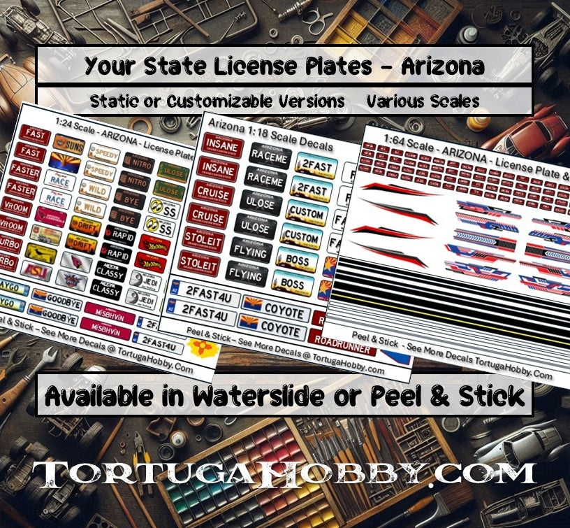State License Plates Decals - 1:24 / 1:18 Scale - Water Slide or Peel & Stick