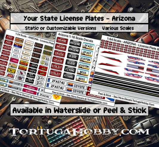 State License Plates Decals - 1:24 / 1:18 Scale - Water Slide or Peel & Stick