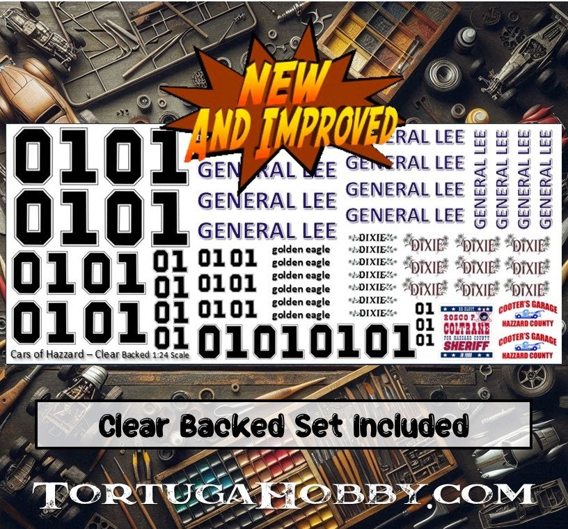 Cars of Hazzard - General Lee - Daisy Duke - Rosco - White Water Slide Decals - 1:24 Scale