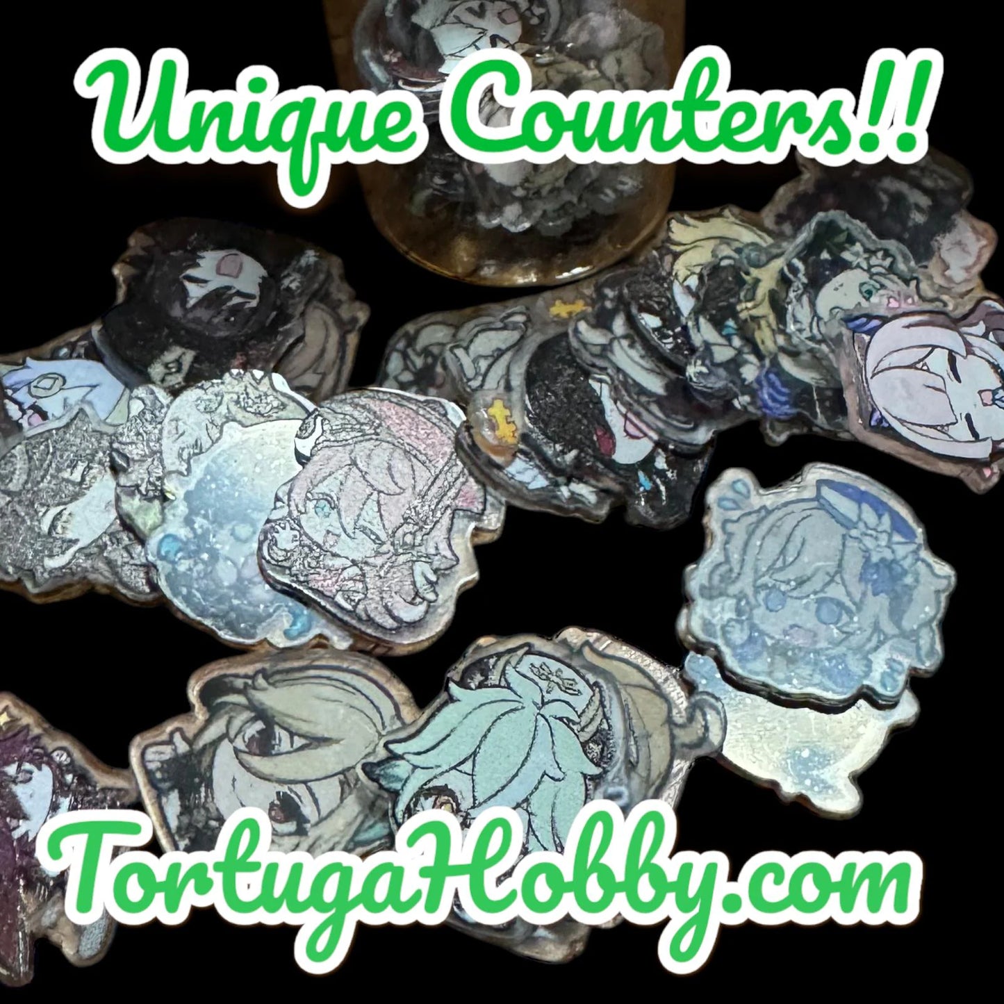 30pc Anime Game Counters: Anime Coins in Glass Tube