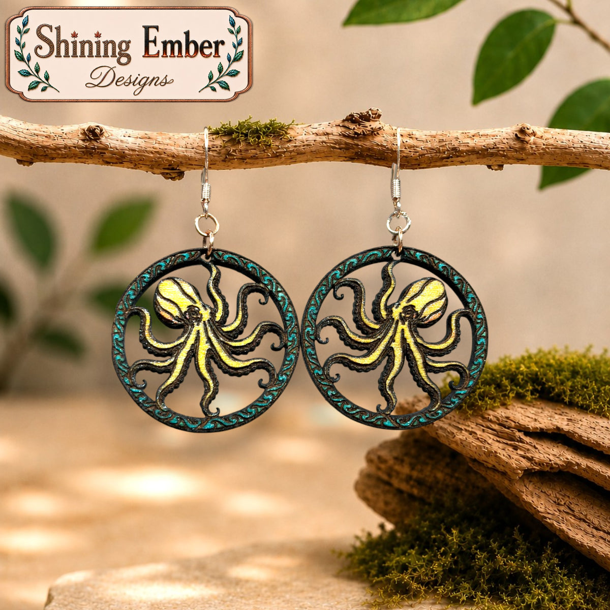 Hand-Painted Octopus Earrings & Pendant – Ocean-Inspired Wood Jewelry