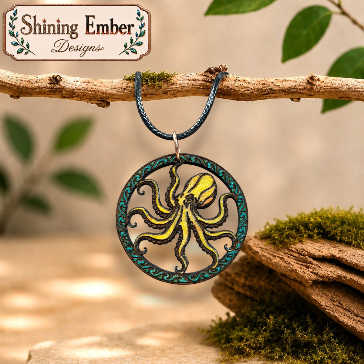 Hand-Painted Octopus Earrings & Pendant – Ocean-Inspired Wood Jewelry