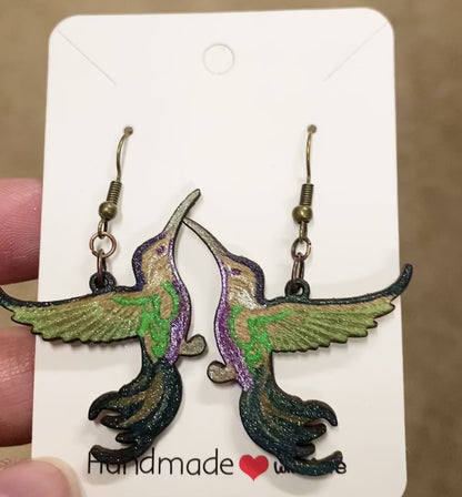 Hand-Painted Hummingbird Wood Earrings
