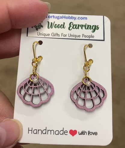Scallop Hand-Painted Shell Wood Earrings
