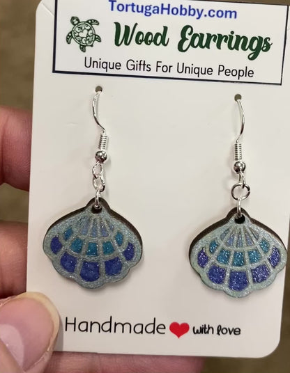 Scallop Hand-Painted Shell Wood Earrings