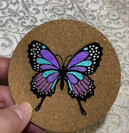 Hand-Painted 4-Piece Butterfly Cork Coaster Set