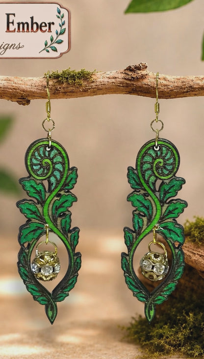 Hand-Painted Fiddlehead Fern Wood Earrings with Crystal Accents