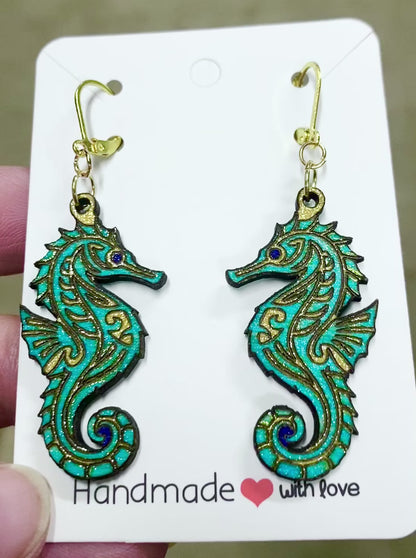 Seahorse Hand-Painted Wood Earrings