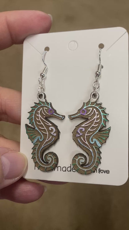 Seahorse Hand-Painted Wood Earrings